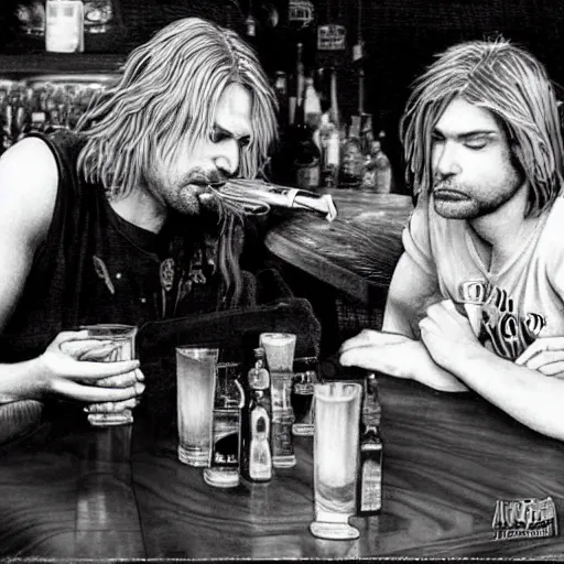 Image similar to a close - up stunning fantasy scene of kurt cobain drinking at a bar with layne staley | highly detailed | very intricate