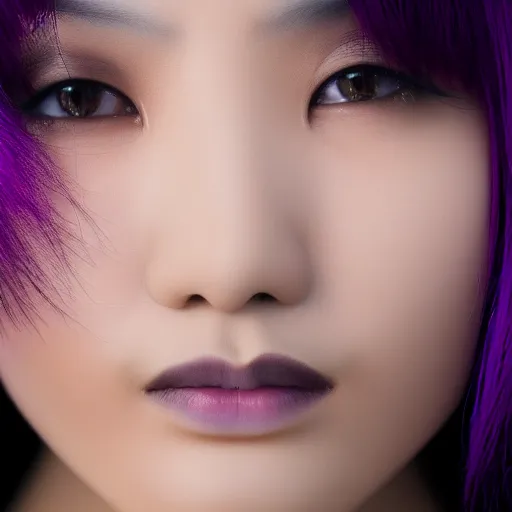 Prompt: Close up portrait of a young Asian Cyberpunk woman with dark purple hair, highly detailed, high quality, HD, 4K, 8K, Canon 300mm, professional photographer, 40mp, lifelike, top-rated, award winning, realistic, sharp, no blur, edited, corrected, trending