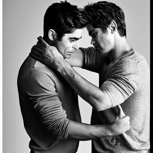 Prompt: zac efron and john stamos as father and son, vogue magazine, dramatic light, photoshoot,