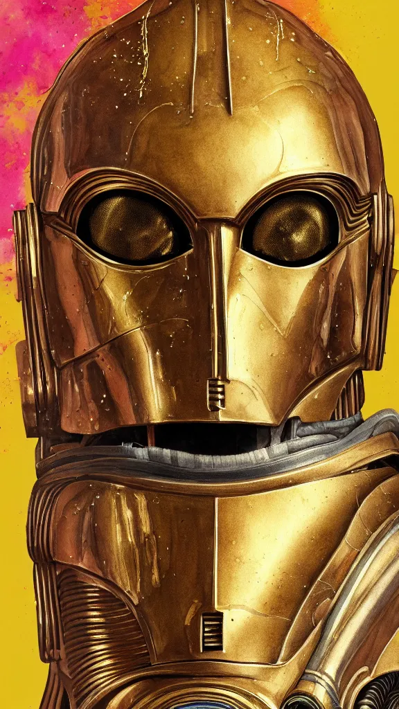 Image similar to a portrait of c - 3 po in a watercolor style. faded wash. color harmony, 8 k detail, gallery quality, hd wallpaper, premium prints available, hyper - detailed, intricate design.