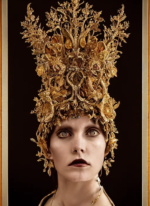 Image similar to a portrait of elizabeth cuthbert by stefan geselle and nekro borja, photorealistic, intricate details, hyper realistic, fantasy, elegant, baroque gold headpiece, photorealistic, canon r 3, photography, wide shot, symmetrical features, symmetrical pose, wide angle shot, head to toe, standing pose, feet on the ground, wearable art