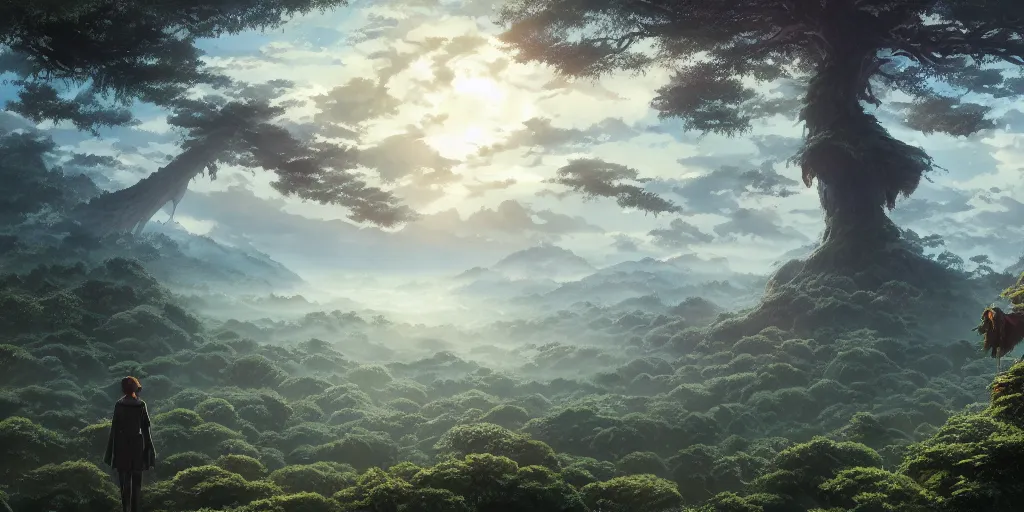 Image similar to giant monster in the distance, forest, standing on a tree top, 4 k, artgerm, high detail, dramatic lighting, sunset, hayao miyazaki, masashi ando, nizou yamamoto, kazuo oga, joe hisaishi, yoji takeshige, naoya tanaka