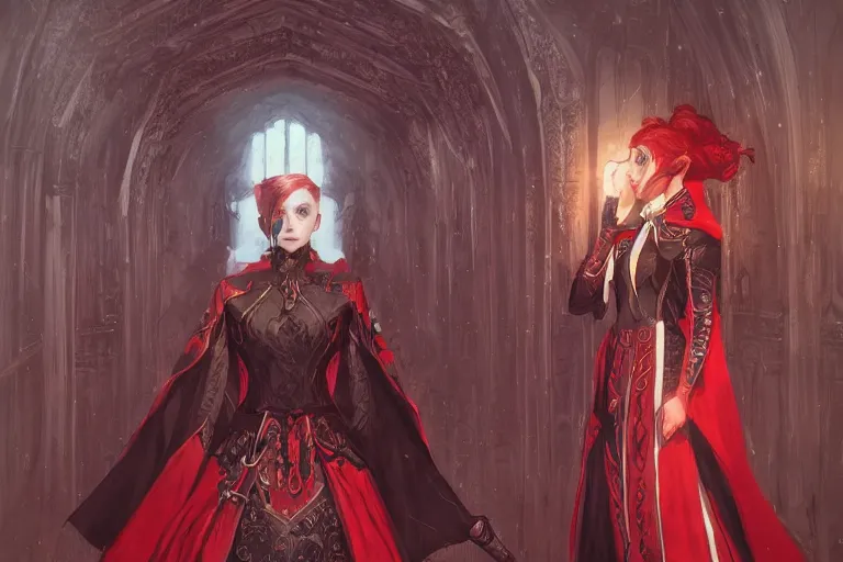 Image similar to female archmage, academy headmaster, red hair tied up in a bun black and red ornate!!! dress, character portrait, d & d, castle hallway background highly detailed, digital painting, artstation, concept art, sharp focus, illustration, cinematic lighting, art by artgerm and greg rutkowski and alphonse mucha