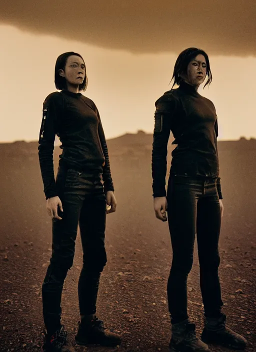 Image similar to cinestill 5 0 d photographic portrait of two loving female androids wearing rugged black techwear on a desolate plain with a red sky, extreme closeup, lizard on ground, cyberpunk style, in front of a brutalist dark metal facility, dust storm, 8 k, hd, high resolution, 3 5 mm, f / 3 2, ultra realistic faces