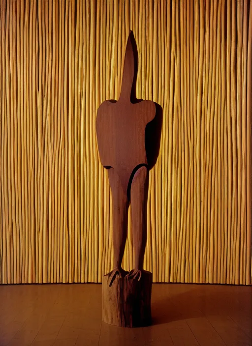 Image similar to realistic photo portrait of the a sculpture of a person in a shape of a bird made of wood, poorly designed, arte povera, fluxus, dadaism standing in the wooden polished and fancy expensive wooden museum interior room 1 9 9 0, life magazine reportage photo