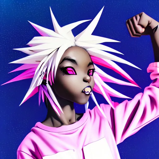 Image similar to portrait of black anime manga girl, throwing punch pose towards camera, french bob hair, white hair, by gustave dore, vaporwave colors, lofi colors, vaporwave, lofi, goth vibe, 4 k, smooth, hd, substance designer render, full body character concept art, 2 point lighting,