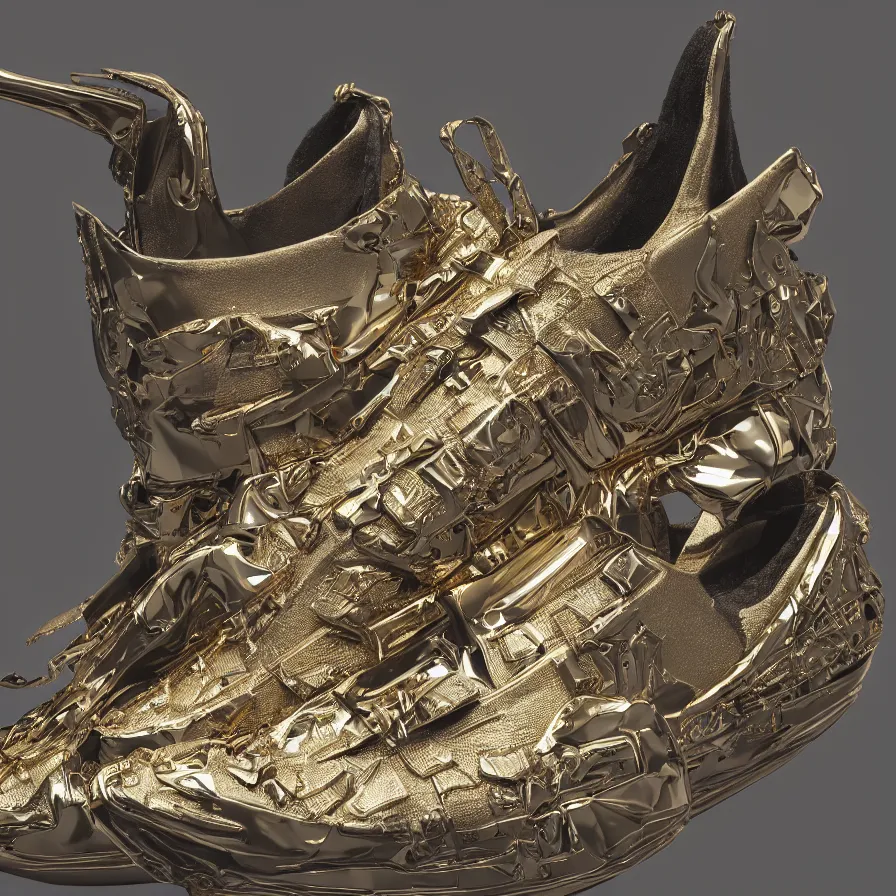 Image similar to futuristic balenciaga sneakers, nft art, highly detailed, hyper realistic, a ton of bussdown iced gold bling in wallace & gromit strata - cut claymation, ultra realistic, concept art, intricate details, serious, highly detailed, photorealistic, octane render, 8 k, unreal engine