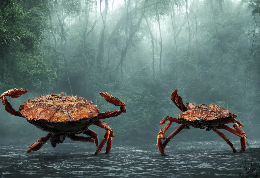 Prompt: an enormous giant crab king, in a jungle with ominous light from above, ambient light, fog, river, very poetic