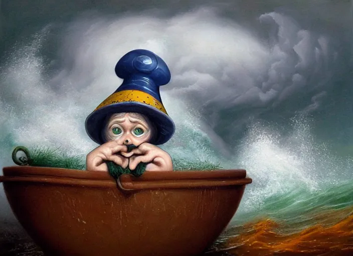 Image similar to a terrified garden gnome sailing in a bucket, background of raging ocean on a stormy day with dramatic clouds, an ultrafine detailed painting by mark ryden, trending on deviantart, pop surrealism, whimsical, lowbrow, rainy, perfect symmetrical face