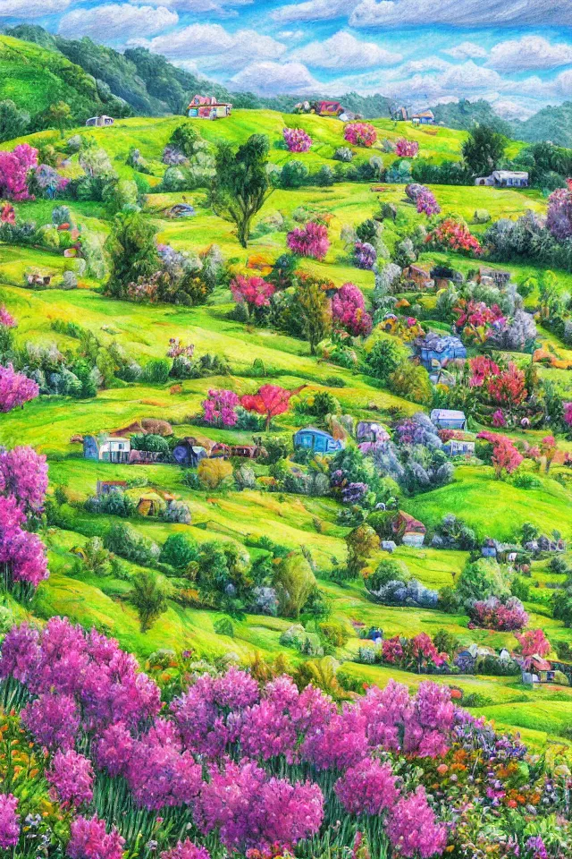 Prompt: a countryside in spring, green hills and blue sky with patches of clouds, nature in all its beauty, some houses in the background, colored flowers, digital painting, colored pencil, detailed,