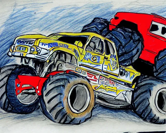 Image similar to A monster truck runs over a man, drawing by a 6 year old child