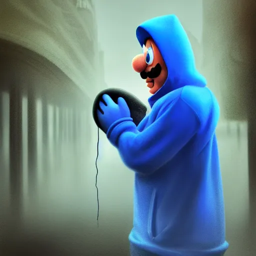 Image similar to depressed Mario in a blue hoodie on the rain, matte painting, realistic, sad, emotional, powerful