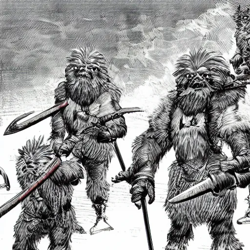 Prompt: a high detailed realistic photo of a group of armored yeti and sasquatch battling with swords shields andsd pears