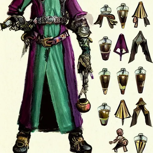 Image similar to fashion fantasy sketches of the alchemist belt, potions 4 bottles for alchemist. potions, poison, bottles on belt. prop design, single model. one figure. designed by wotc. fashion sketches from the year 1 4 3 2