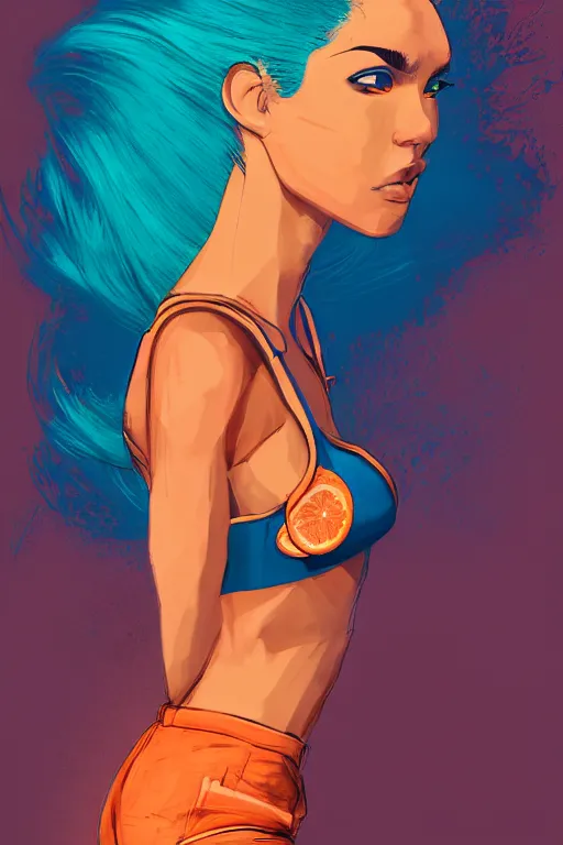 Image similar to a award winning half body portrait of a beautiful caucasian woman in a croptop and cargo pants with ombre orange blue teal hairstyle with head in motion and hair flying by will eisner, outrun, vaporware, digital art, trending on artstation, highly detailed, fine detail, intricate