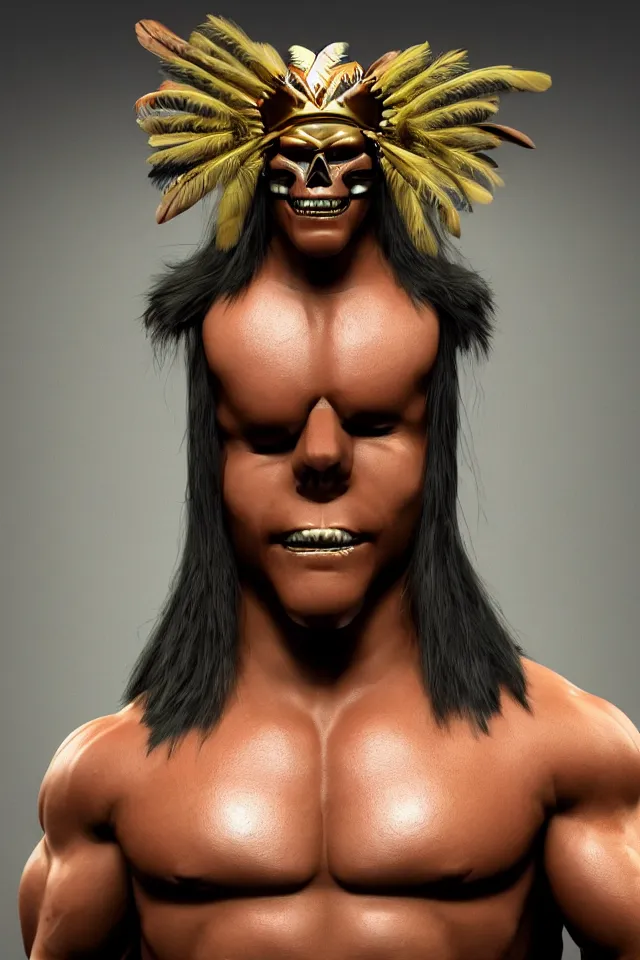 Image similar to A indigenous muscle man with skull head, gold and jade jewelry, feather crown, in the style of Z.W. Gu from trending on artstation, HD, Octane render, smooth, sharp focus, Anime style