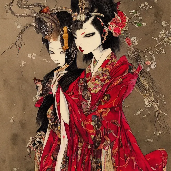 Prompt: watercolor painting of avant - garde portrait of an asian bjd geisha vampire queen with a long neck in a victorian red dress painted by yoshitaka amano, daniel merriam, ayami kojima, intricate detail, artstation, artgerm, in the style of dark - fantasy, rococo, gold leaf art