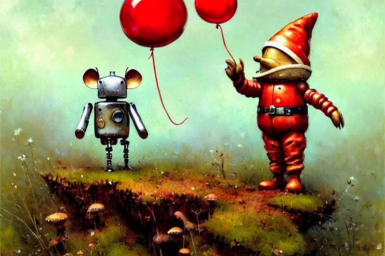 Image similar to adventurer ( ( ( ( ( 1 9 5 0 s retro future robot android mouse and knome holding a red balloon. muted colors. swamp mushrooms island, lillie pads ) ) ) ) ) by jean baptiste monge!!!!!!!!!!!!!!!!!!!!!!!!! chrome red