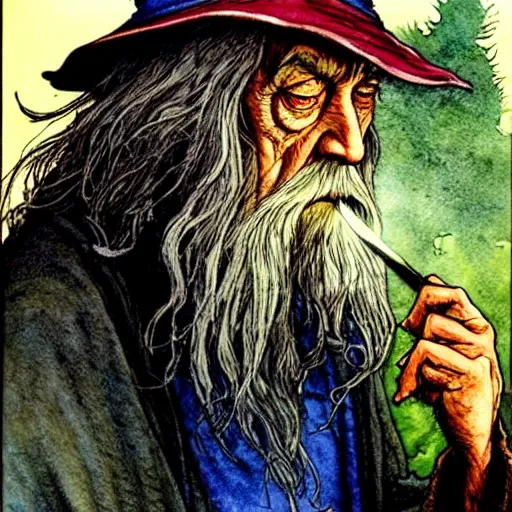 Image similar to a realistic and atmospheric watercolour fantasy character concept art portrait of gandalf with red eyes smoking a huge blunt looking at the camera with a marijuana leaf nearby by rebecca guay, michael kaluta, charles vess and jean moebius giraud