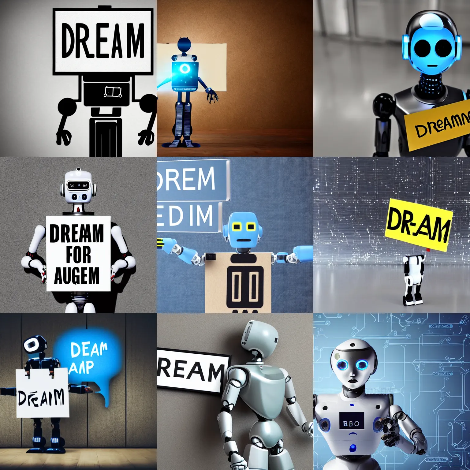 Image similar to artificial intelligence robot holding a sign with text that reads : dream