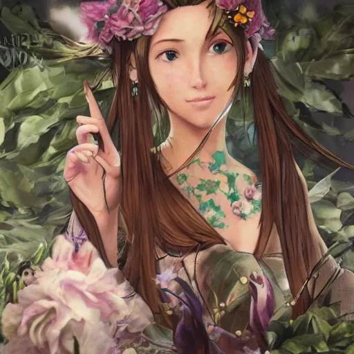 Image similar to concept art of aerith gainsborough with tattoos, amongst flowers, high quality, detailed, trending on artstartion