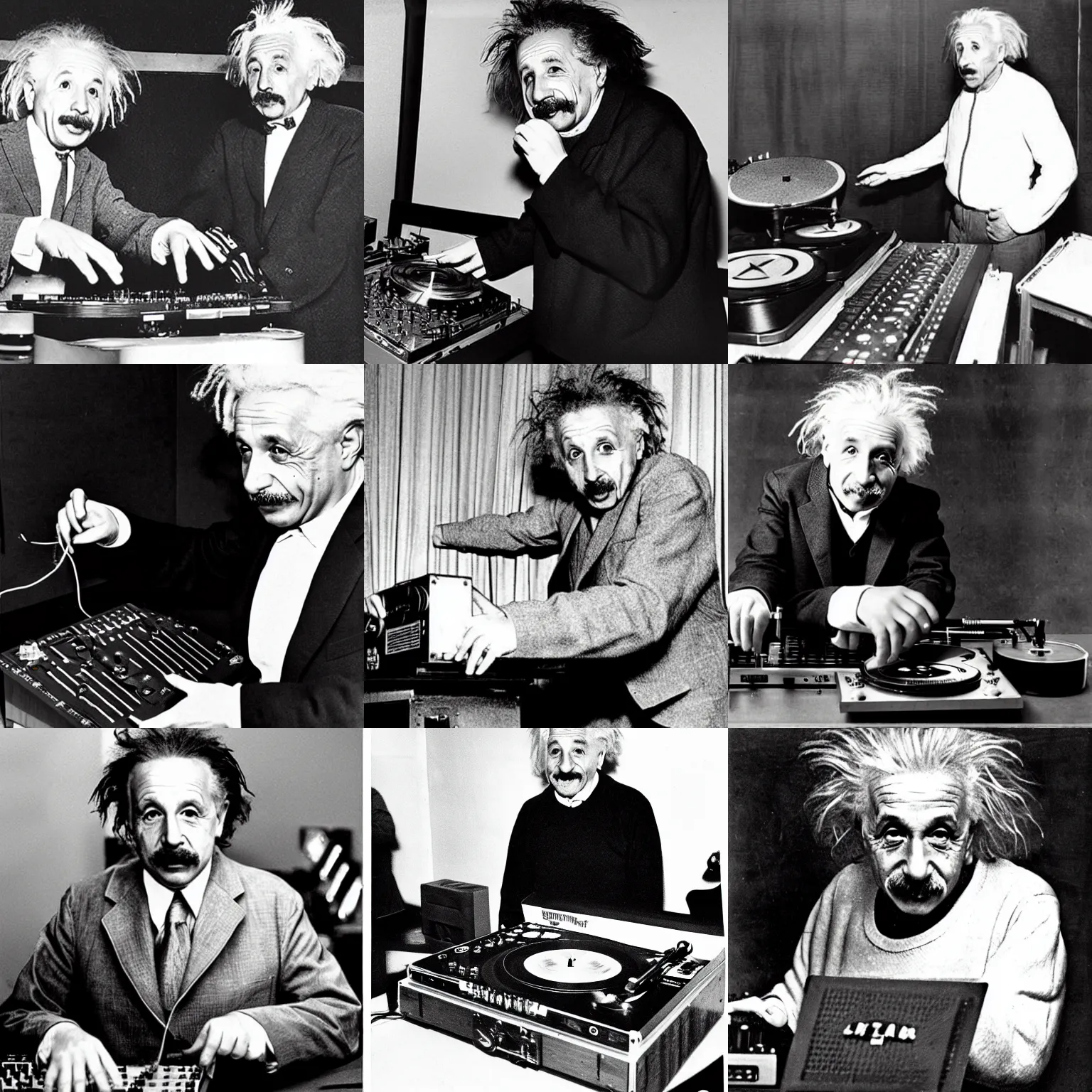 Prompt: Einstein DJing with turntables, photoreal