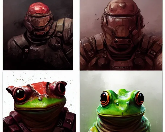 Image similar to portrait of a doomguy as a frog, fantasy, hd shot, digital portrait, beautiful, artstation, comic style, by artgerm, guy denning, jakub rozalski, magali villeneuve and charlie bowater