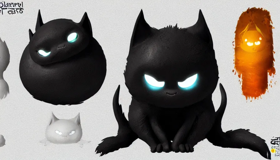 Image similar to a digital art portrait of black slime cat character design from ori and the blind forest, cute liquid ink cat character sheet, 4 k, ultra detail, volumetric lighting, unreal engine, octane render