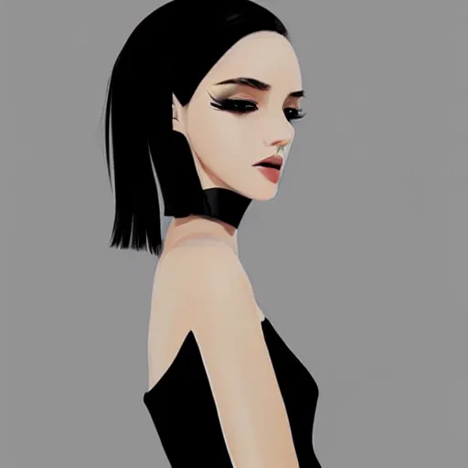 Image similar to slim cruel business girl in tuxedo with black bob hair, elegant, 2d, ultra highly detailed, digital painting, smooth, sharp focus, artstation, art by Ilya Kuvshinov