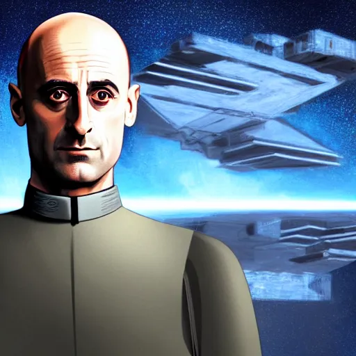 Prompt: mark strong as grand admiral thrawn sitting as his desk on a star destroyer, hd, digital art