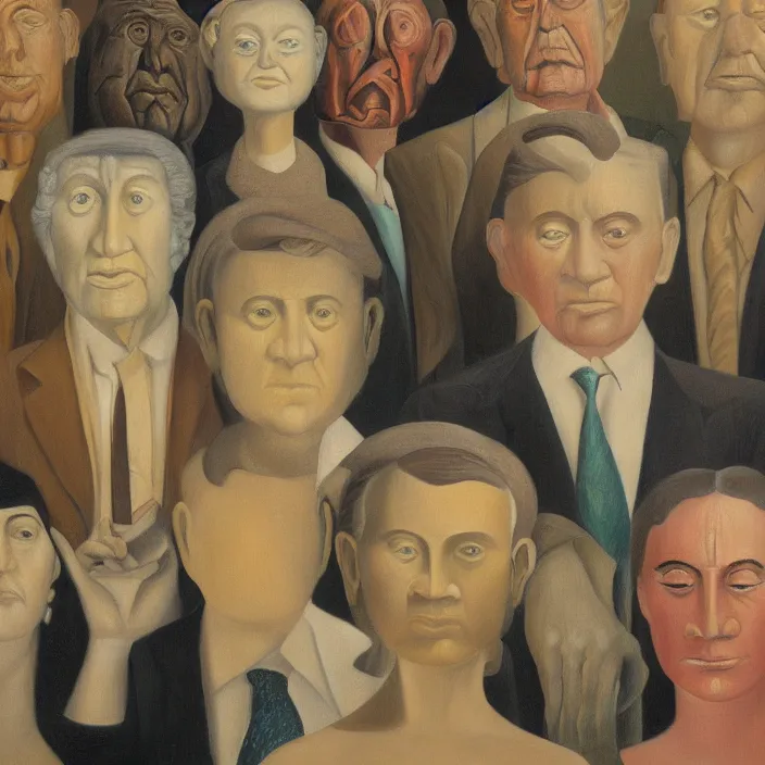 Image similar to group of people pictured in afternoon light, close - up of the faces, anatomically and proportionally correct, surrealist oil painting by dora maar and rene magritte, detailed