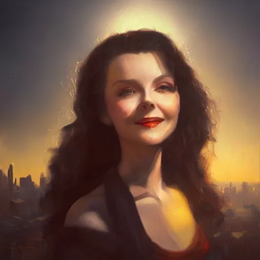 Image similar to closeup portrait of a young vivian leigh, bright smile, chiaroscuro, city background, golden hour, dramatic lighting, complementary contrast, high detail, painted by greg rutkowski, painted by igor kieryluk, trending on artstation