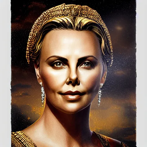 Prompt: “ majestic gracious regal deity charlize theron portrait, ancient greece, atmospheric lighting, painted, intricate, volumetric lighting, beautiful, rich deep colours masterpiece, golden hour, sharp focus, ultra detailed, by kai carpenter ”