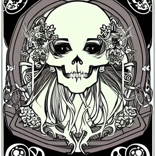 Image similar to anime manga skull portrait angel angelic cartoon skeleton illustration style by Alphonse Mucha pop art nouveau