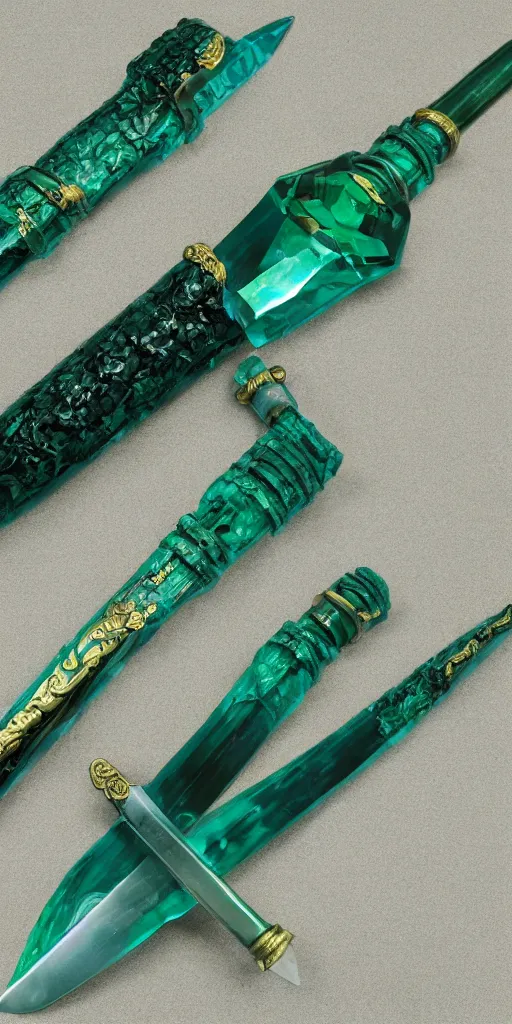 Image similar to photograph of a wide green and teal crystal sword blade attached to a big gold sword hilt