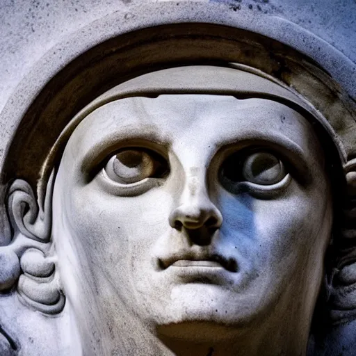 Prompt: an ominous and looming greek marble statue with creepy, real human eyes