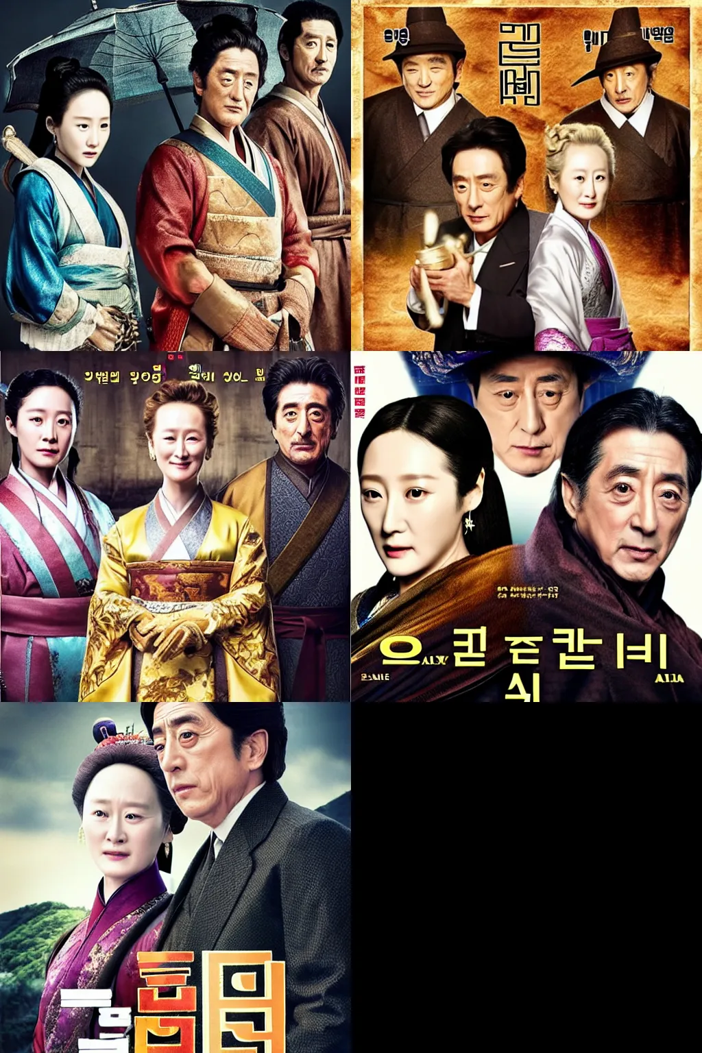Prompt: korean sageuk tv series, in the leading roles Ziyi Zhang, Meryl Streep and Al Pacino, poster