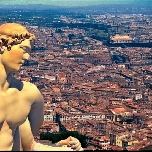 Prompt: An Angel from a Michelangelo painting flies over the cityscape of Rome. He looks tired. Filmed in the style of Wim Wenders. Cinematic, 50mm, highly intricate in technicolor