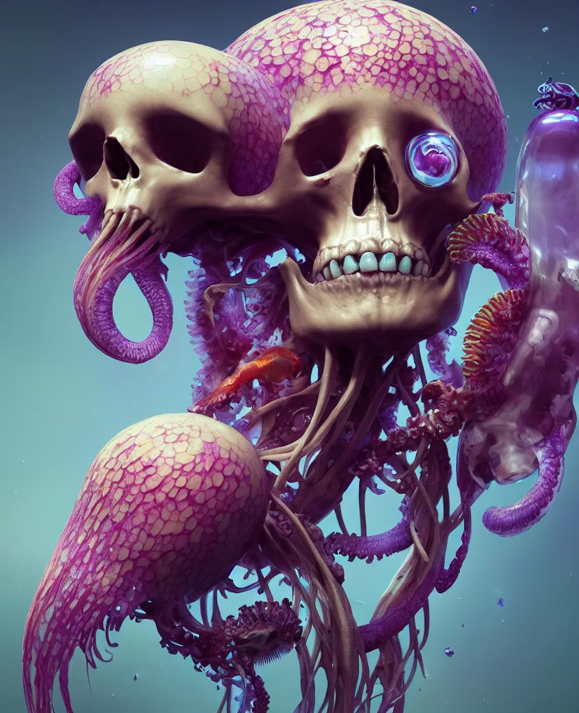 Image similar to goddess close - up portrait human skeleton, ram skull, squid phoenix jellyfish, orchid, betta fish, bioluminiscent, intricate artwork by tooth wu and wlop and beeple. octane render, trending on artstation, greg rutkowski very coherent symmetrical artwork. cinematic, hyper realism, high detail, octane render, 8 k