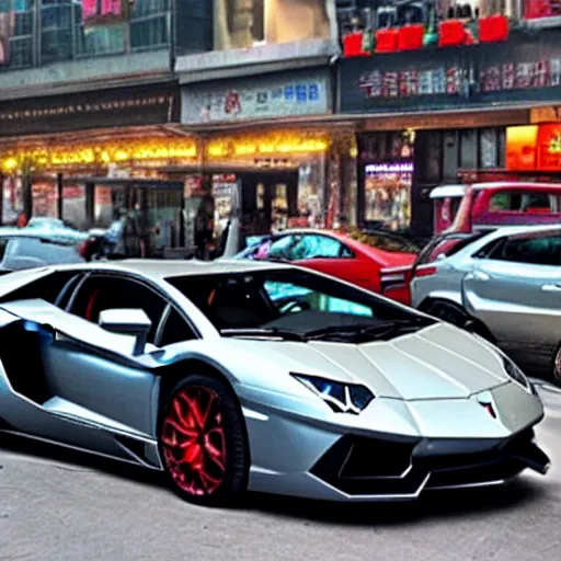 Image similar to a Lamborghini Aventador parked on a busy street in Chongqing China