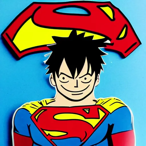 Image similar to die cut sticker, luffy is superman, splatter paint on paper