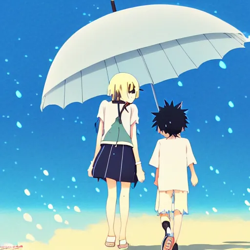 Prompt: anime girl and boy walking together on the Beach, Rain, umbrella, by makoto shinkai, Studio Ghibli, anime wallpaper, illustration, 4k Wallpaper, flat colors