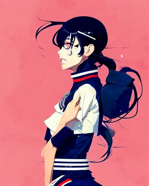 Image similar to a ultradetailed beautiful panting of a stylish woman wearing a sailor uniform, she has black hair, by conrad roset, greg rutkowski and makoto shinkai, trending on artstation