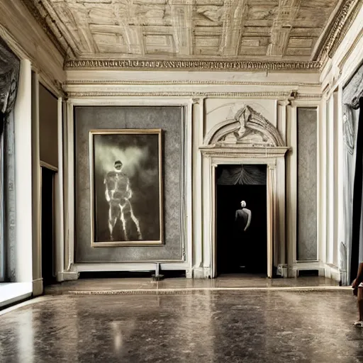 Image similar to Batman standing in giant Italian modern castle living room, clean minimalist design, that is 1300 feet tall, with very tall giant walls filled with modern art paintings, doors that are cosmic portals, photo by Annie Leibovitz