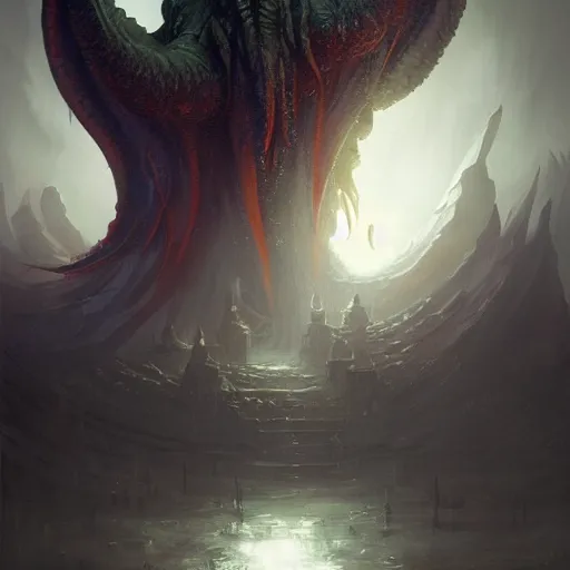 Image similar to gigantic cthulhu, size comparsion, small city, dramatic lighting, chiaroscuro, high detail, painted by greg rutkowski, painted by igor kieryluk, painted by bobby chiu, trending on artstation