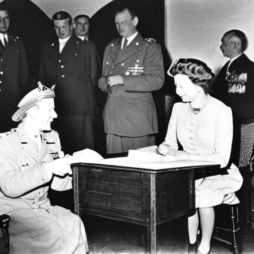 Image similar to 5 0 mm 1 9 4 6 historical photo, of a single german general and a young queen elizabeth signing a peace treaty, a cute corgi watches from above, french village interior, highly detailed, sharp focus, symmetrical face