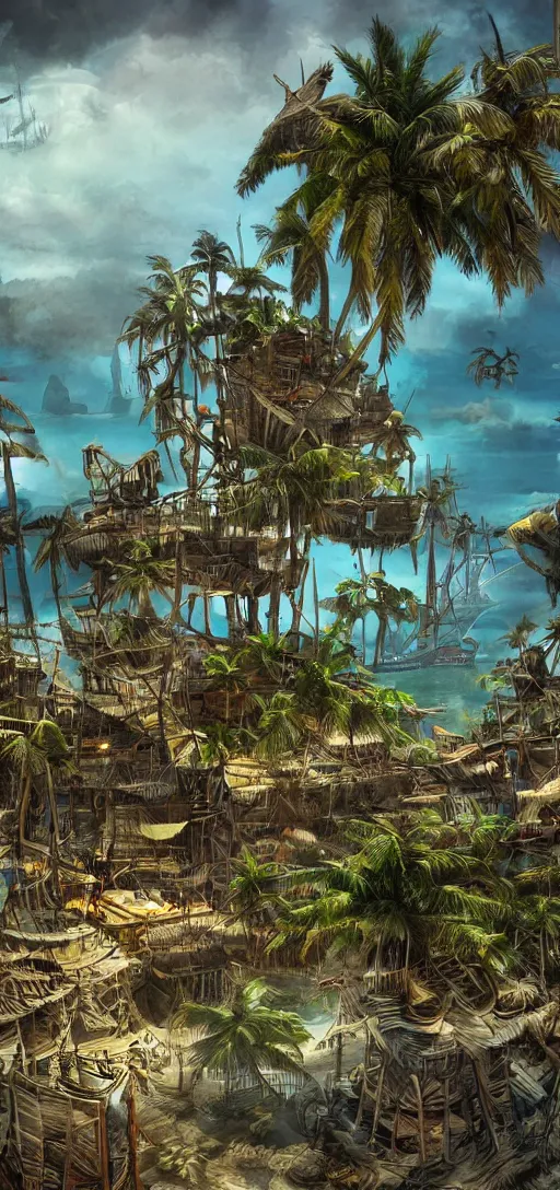 Image similar to secret tropical pirate island and shanty town, dramatic lighting, cinematic, establishing shot, extremely high detail, foto realistic, cinematic lighting, pen and ink, intricate line drawings, post processed, concept art, artstation, matte painting, style by Steven Spielberg, Peter Jackson, art germ