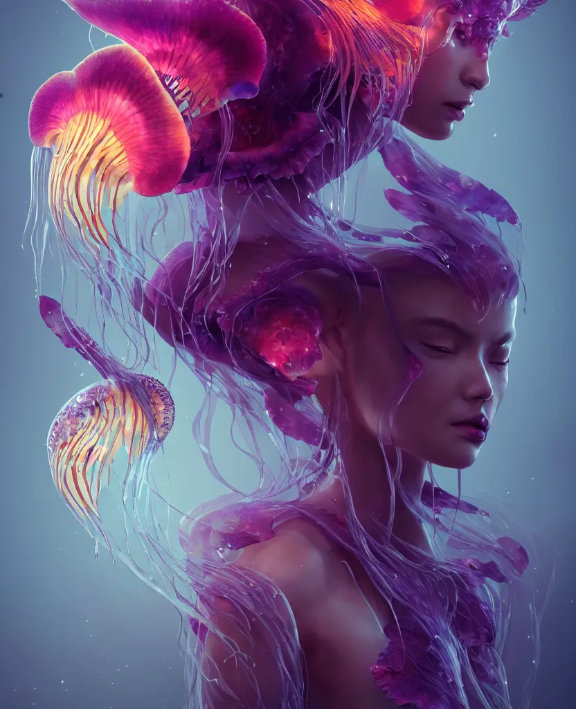 Image similar to beautiful female fused with orchid jellyfish, close-up portrait, dark, phoenix head, nautilus, skull, bioluminiscent, intricate artwork by Tooth Wu and wlop and beeple. octane render, trending on artstation, greg rutkowski, xsullo, very coherent symmetrical artwork. cinematic, hyper realism, high detail, octane render, 8k