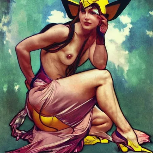 Image similar to elegant muscular woman dressed up as pikachu art photo by Annie Liebovitz and Alphonse Mucha