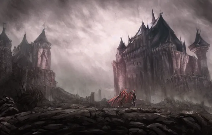 Prompt: trevor belmont approaching dracula's castle, castlevania, cinematic concept art, 4K HD, beautiful painting, dramatic